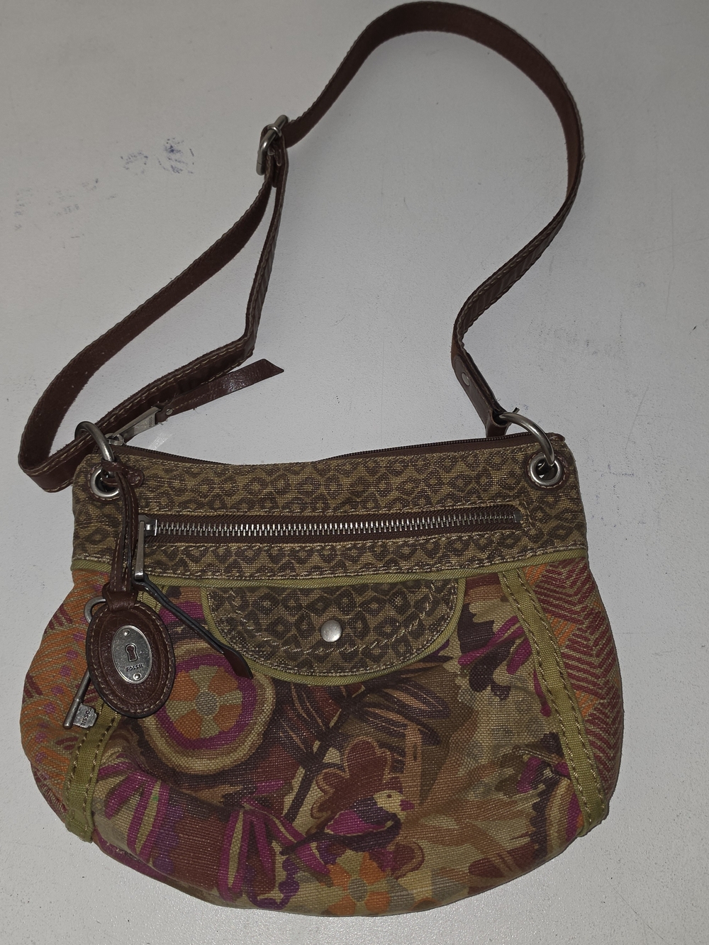 FOSSIL Multi Color Canvas & Leather Hobo Shoulder Bag Purse Long Live Vintage